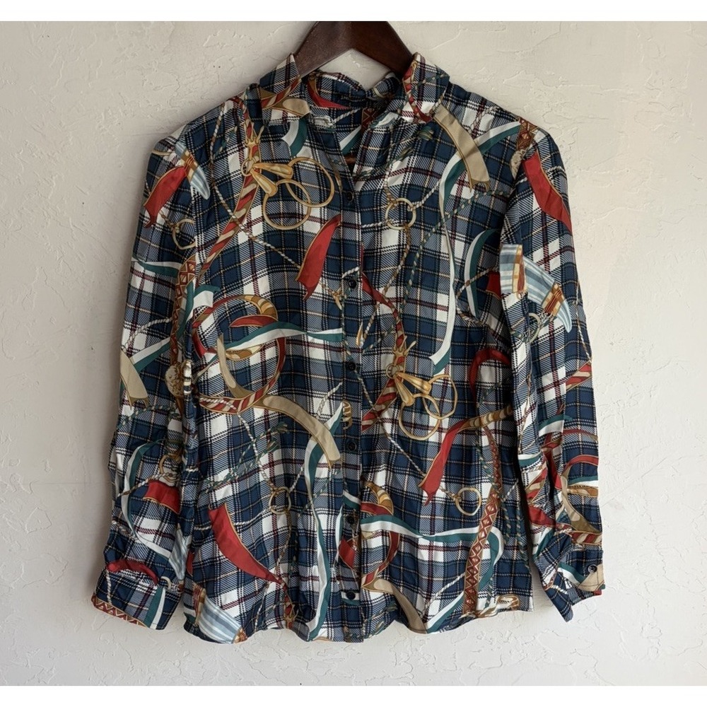 J McLaughlin Silk Blend Equestrian Print Button Up Top XS Preppy Old Money